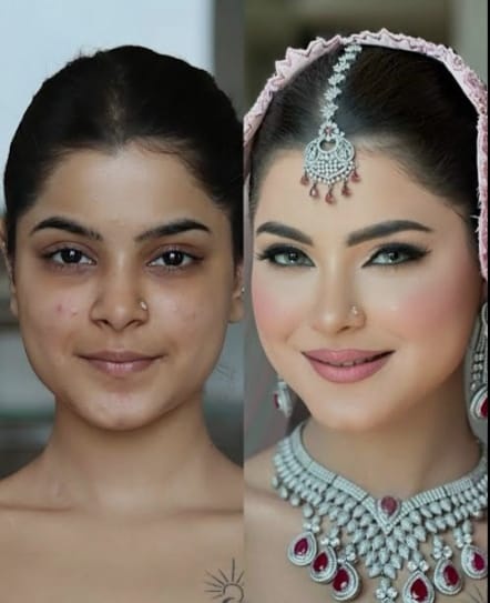 Before and after traditional bridal makeup transformation